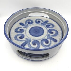 Vtg 1960s West Germany 4pc-10in 3 Plate Set & carrier Blue Salt Glazed Stoneware
